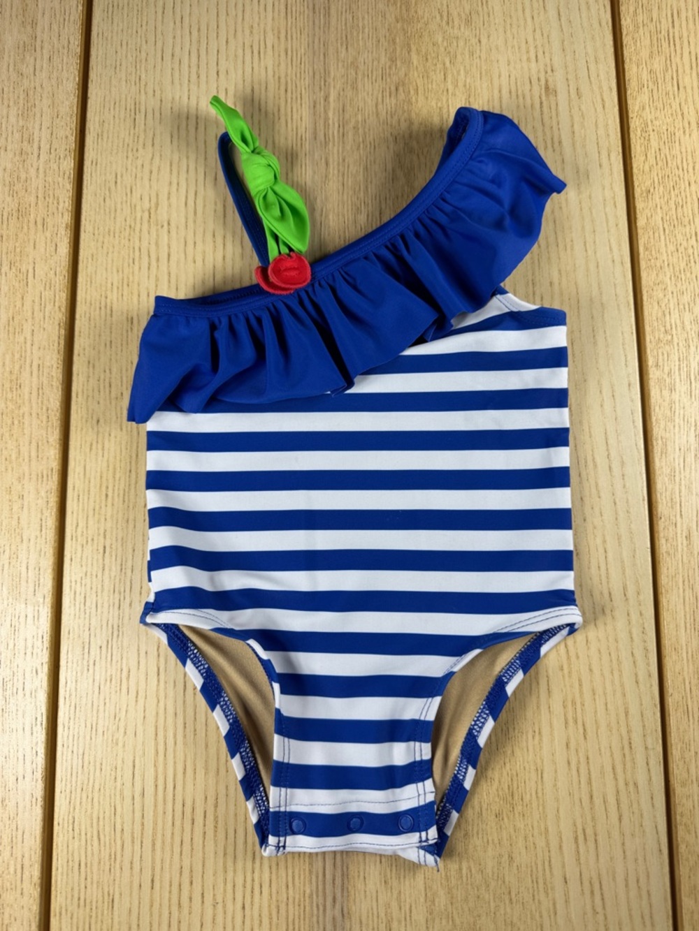 Old Navy Baby Girls Blue White Striped Cherry Ruffle One Shoulder Swimsuit 6-12M